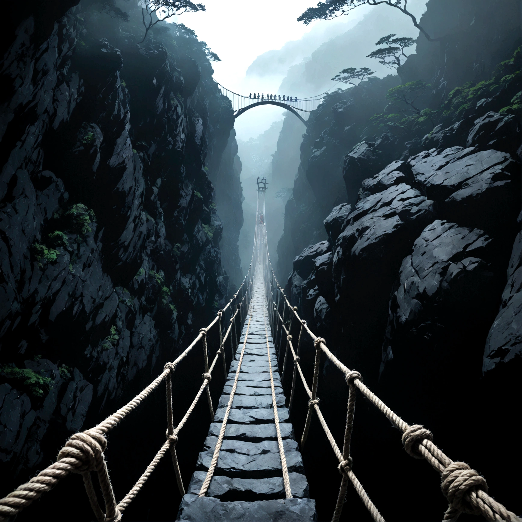 Beautiful game world,Fantasy,Furai no Shiren,Naraku Gorge,Dungeons,First Person View,dim,fog,Wet rock surface,Cold air,Strong winds,Roar,anxiety,fear,Overlooking cliff,足元のanxiety定な足場,Narrow suspension bridge,Rusty rope,Creaking Sound,darkness that lasts forever,The roar of a beast can be heard from deep within