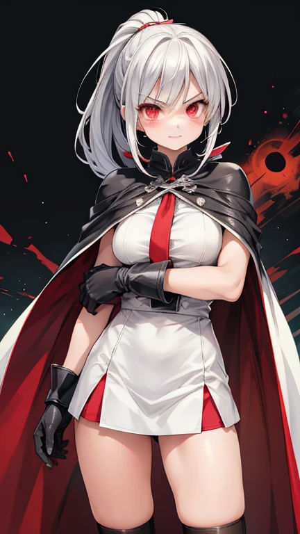 Adult features Red Eyes ponytail Slit eyes laugh at Glaring at me frivolous attitude White shirt Cape Black hot pants Black long gloves Black knee socks Cross your arms grassland