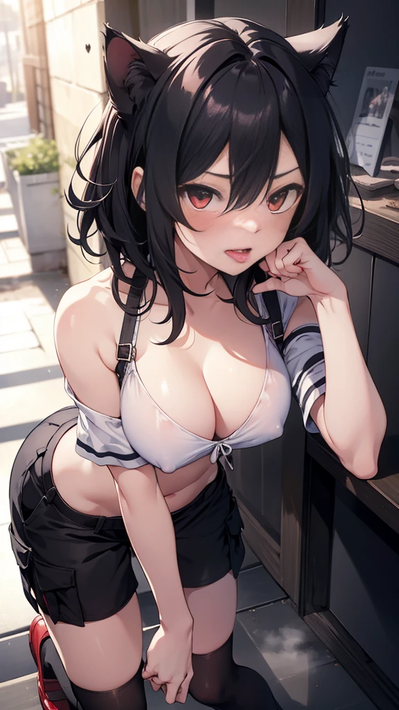 1 lady, masterpiece, Highest quality, ultra detailed, CG unity 8k wallpaper, Cinema Lighting, Lens flare, Beautiful details in the eyes, ultra detailed eyes, Red eyes, Collapsed night street, Fluttering hair, black hair,
red streaked hair , cat ears, black ears , cat's whiskers , short hair, slicked back hair, abdominals、Bright smile、Half mouth open、White teeth are visible, (black Cargo pants、red TankTops), profetional lighting、 Gray Light Lighting, large breasts, muscular, (stare at viewer with stern eyes:1.5),(bitting own lip:1.1),(angry:0.9),nose blush,(shamefull:1.2), surprised , (embarrassed,blush:1.3) , ,nsfw,(ecstasy:1.3) ,(slut:1.2),(vulgarity:1.3),(fucked silly:1.1),(steam:1.1),(wet:0.8),(trembling:0.8),(tears:0.7) ,(drooling:0.6),(sweat:0.8), open mouth , defenseless,Beautiful eyes illuminated by the light、Shiny Hair、Reflected Eyes ), Stick her tongue out, {very aesthetic}, on all fours, cat tail, (thigh-high socks:1.0), striped socks, red shoes, from above, black tail, dirty alley, paw pose, portrait, leaning forward, ass up, arching back, fisheye.