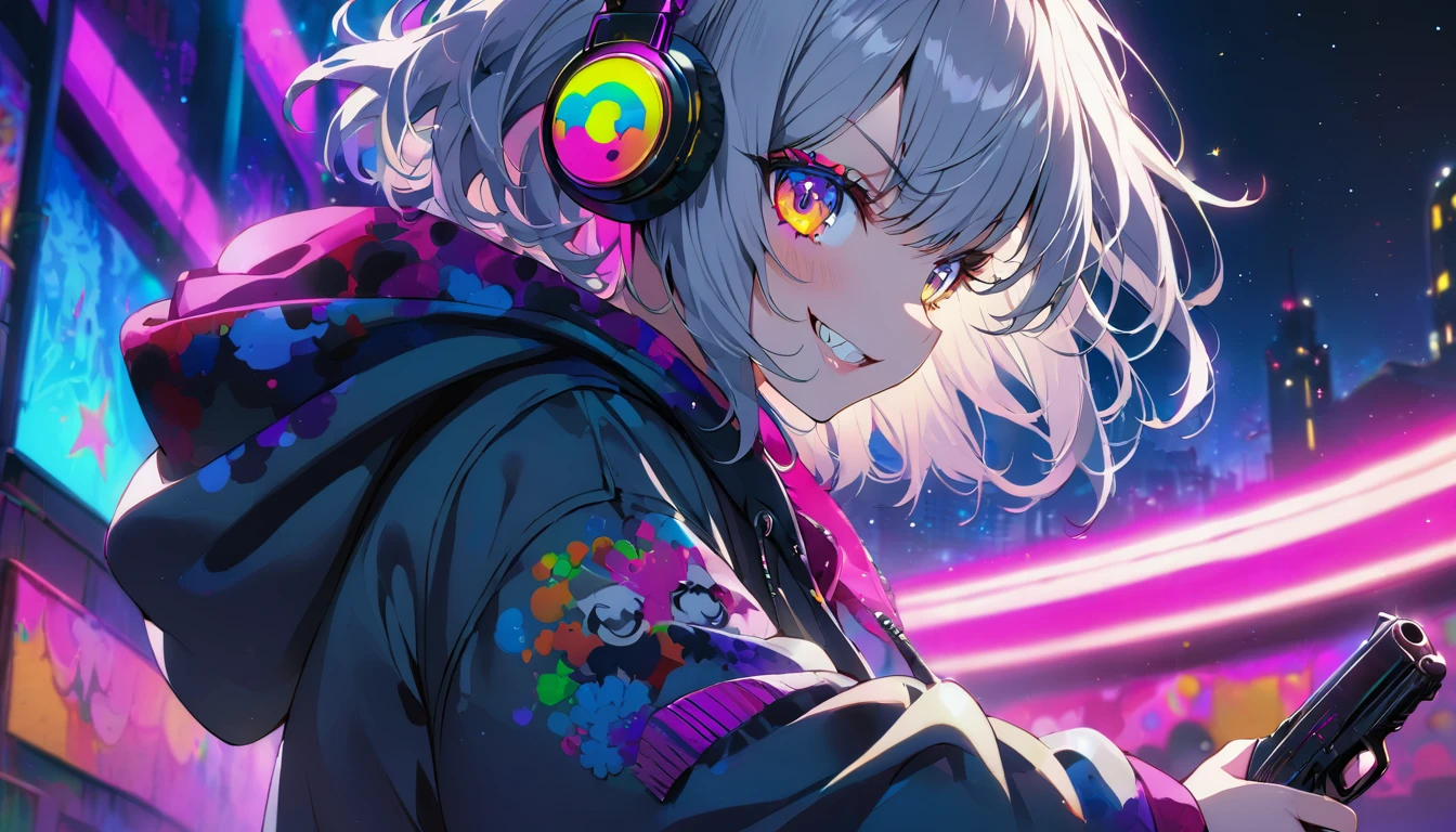 ((Masterpiece)), ((best quality)), (Anime:1.3), (super detail:1.2), (High Definition:1.3), (Professional Photography:1.3), cute young Girl, Glossy unruly hair, (loose swept bangs), (silver ash hair), medium hair, big eyes, (Eye bags:1.3), (Long eyelashes), colorful eyes, (evil smile and blush), Glossy lips, (jagged teeth), ((Camouflage hoodie with oversized)), holding a handgun, barearms, cute, neon lit, starry night, (upper body:1.3), (colorful:1.3), gothic makeup, wearing headphones, pointing a handgun, (from side),
