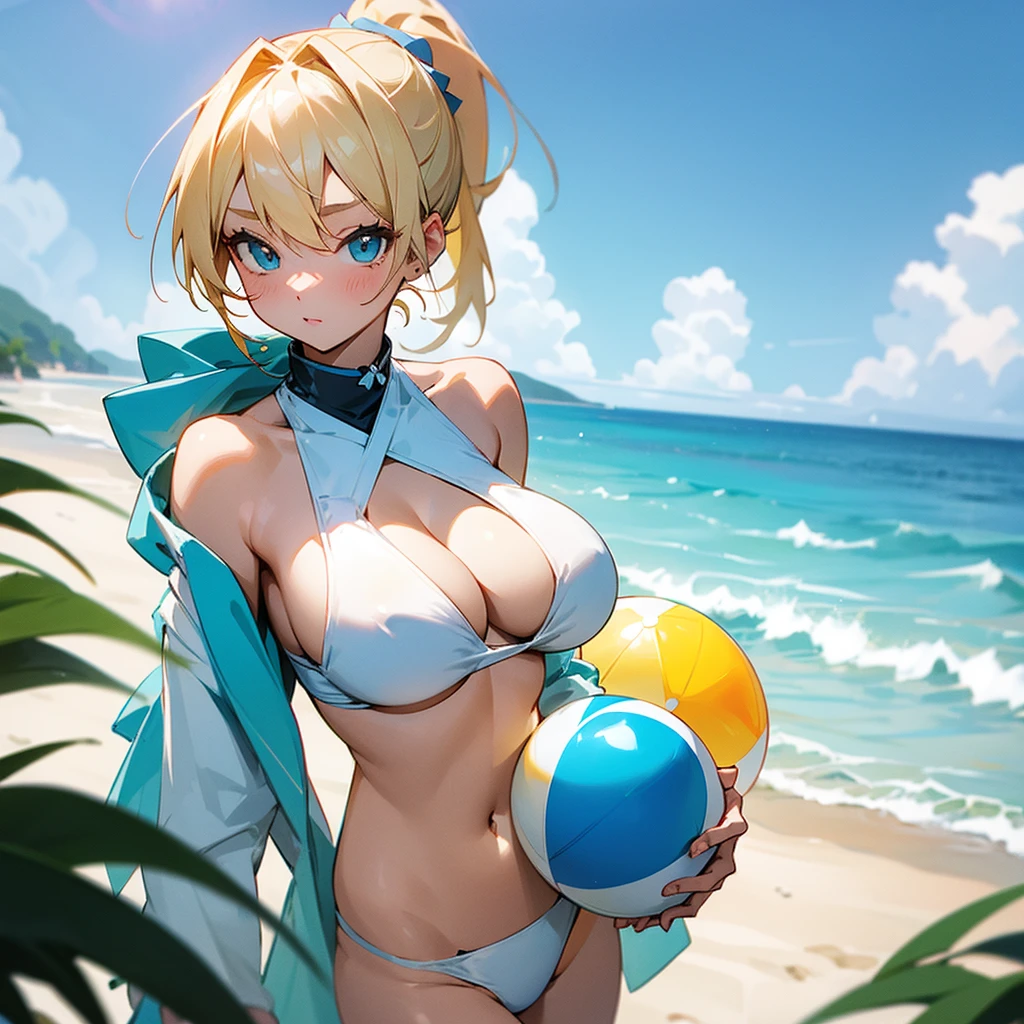 Blonde hair in a ponytail。The outfit depicts a cute girl with big breasts in a white bikini.。The background is the sea and she is holding a beach ball