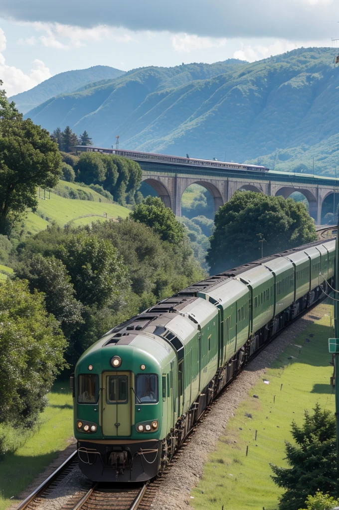 The green train is heading off into the distance，The train is very long，The locomotive heads into the distance