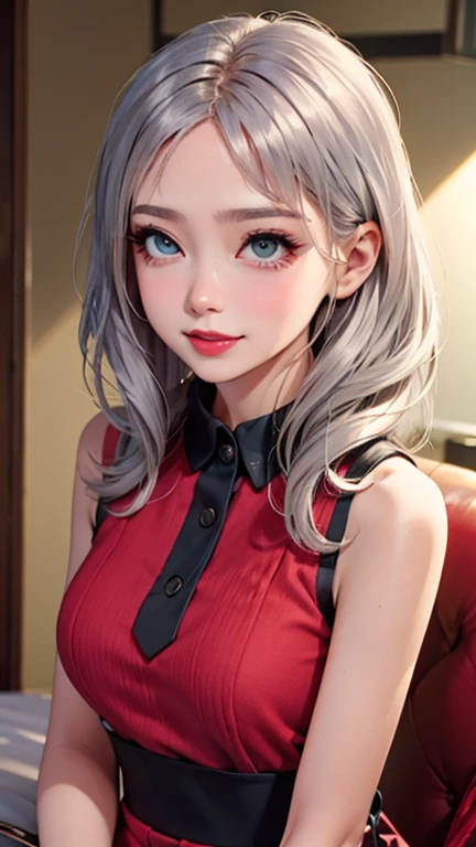 blush a little and smile, (Top quality masterpiece:1.2) Delicate illustrations, Very detailed, /Beautiful Japanese Women、1 person,Very cute and slim、Great style 、((8K images、super high quality))、Very delicate face, Skin and Hair、beautifule forehead、Red lipstick、(((((Mid-length hair、Silver Hair、lure))))),Very cute Japanese cut face、Eyes and nose are clearly visible、Kind eyes,((((Sleeveless fashion))))