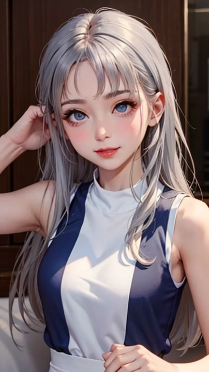 blush a little and smile, (Top quality masterpiece:1.2) Delicate illustrations, Very detailed, /Beautiful Japanese Women、1 person,Very cute and slim、Great style 、((8K images、super high quality))、Very delicate face, Skin and Hair、beautifule forehead、Red lipstick、(((((Mid-length hair、Silver Hair、lure))))),Very cute Japanese cut face、Eyes and nose are clearly visible、Kind eyes,((((Sleeveless fashion))))