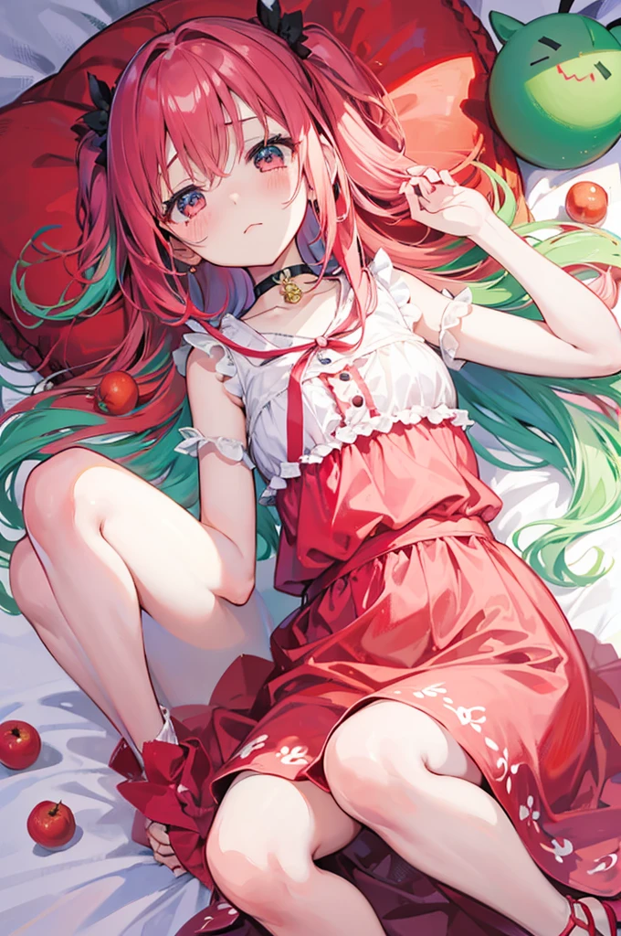 Bright red polka dot background　Anime girl in a pink dress eating an apple while lying on the bed、Ololi in a dress、Aya Takano in a dress with color style、Color Comics、Colored cartoon、Fubuki、Color Comicsアート、Hatsune Miku　Green hair, a little more beautiful　Sad face　Sad face　エロくない感じで 横たわって もう少し繊細なタッチで うつ伏せ 幻想的に 横アングルで もっとSad faceで リンゴを齧りながら もっとSad face