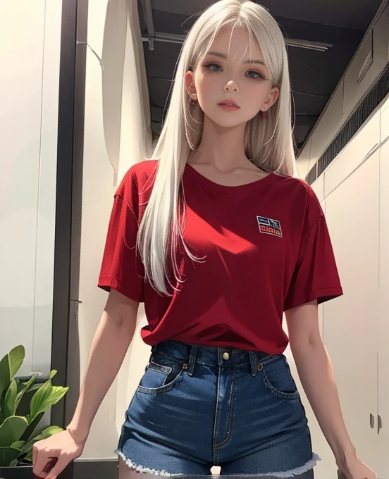 Ultra realistic, high detailed, woman standing normal, long hair, realistic 1.3, red t shirt, short jeans pant, white hair, make up face,