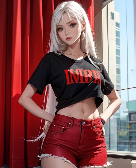 Ultra realistic, high detailed, woman standing normal, long hair, realistic 1.3, red t shirt, short jeans pant, white hair, make up face,