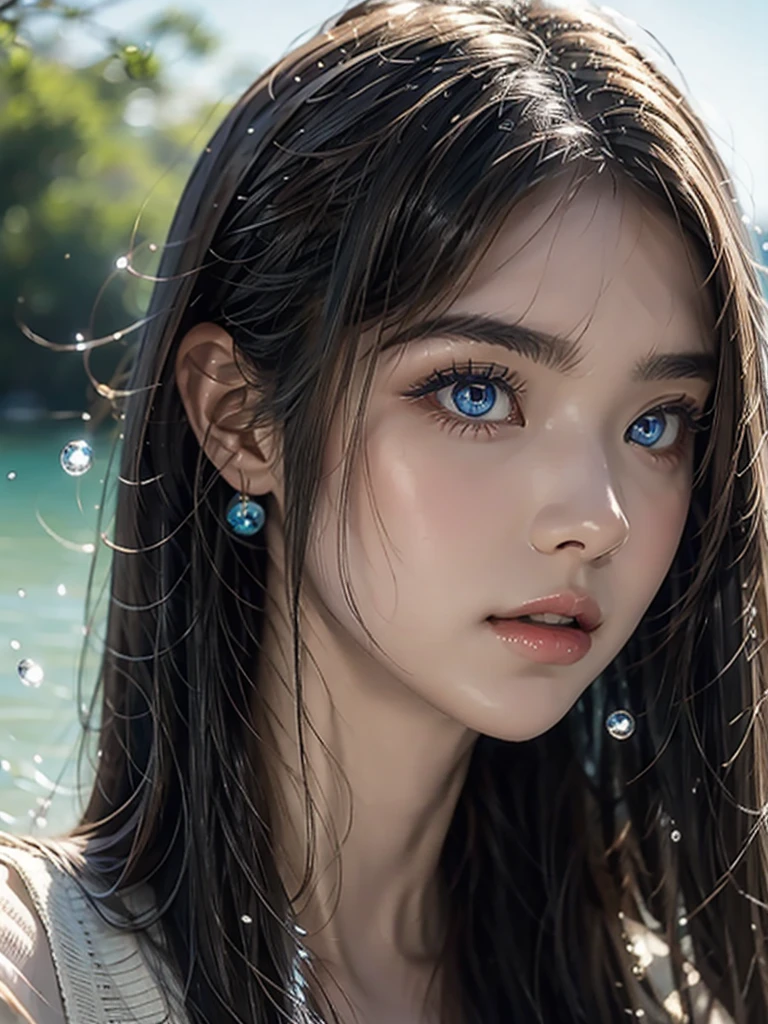 A beautiful woman with dreamy blue cornflower eyes, perfect depth of field, lovely lens flare accents, extremely detailed facial features, a beautiful background with a transparent water surface and floating water droplets, a stunning photograph capturing the beauty of the woman and the water.