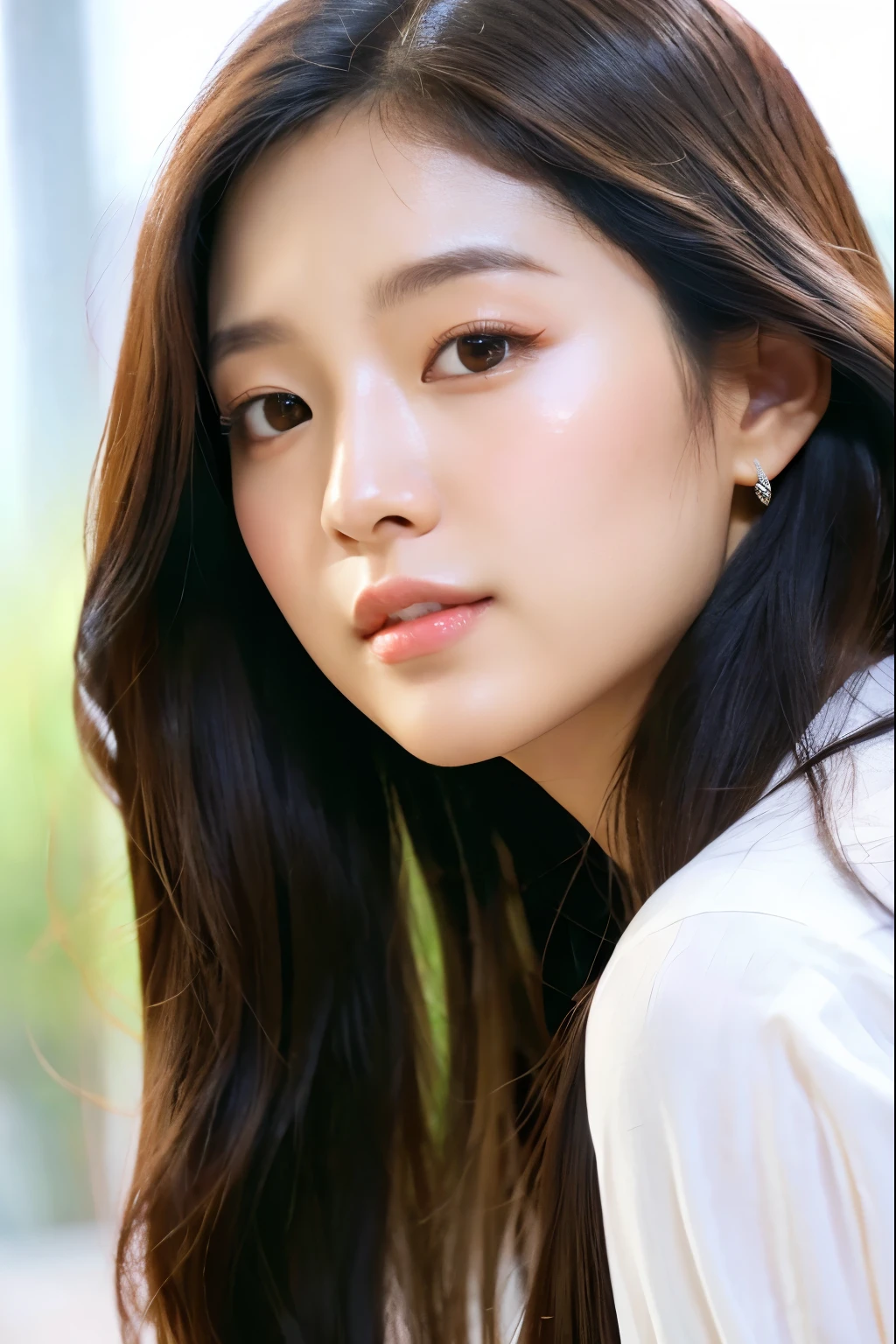a close up of a woman with long hair wearing a white shirt, jaeyeon nam, jossi of blackpink, portrait of jossi of blackpink, lalisa manobal, ruan jia beautiful!, jinyoung shin, roseanne park of blackpink, wan adorable korean face, lalisa manoban of blackpink, realistic. cheng yi, bae suzy, official artwork