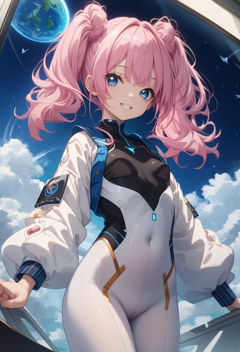 (masterpiece, top quality, very aesthetic, 4k、illustration), intricate detail, 1girl,leaning against a glass wall、(cowboy shot)、light smile、(anime,niji)、animated painting
Cute 、pink hair、twintails,middle hair,sidelock ,high ,blue eyes、Space suit, tights suit、small breasts,Slim 、anime,niji