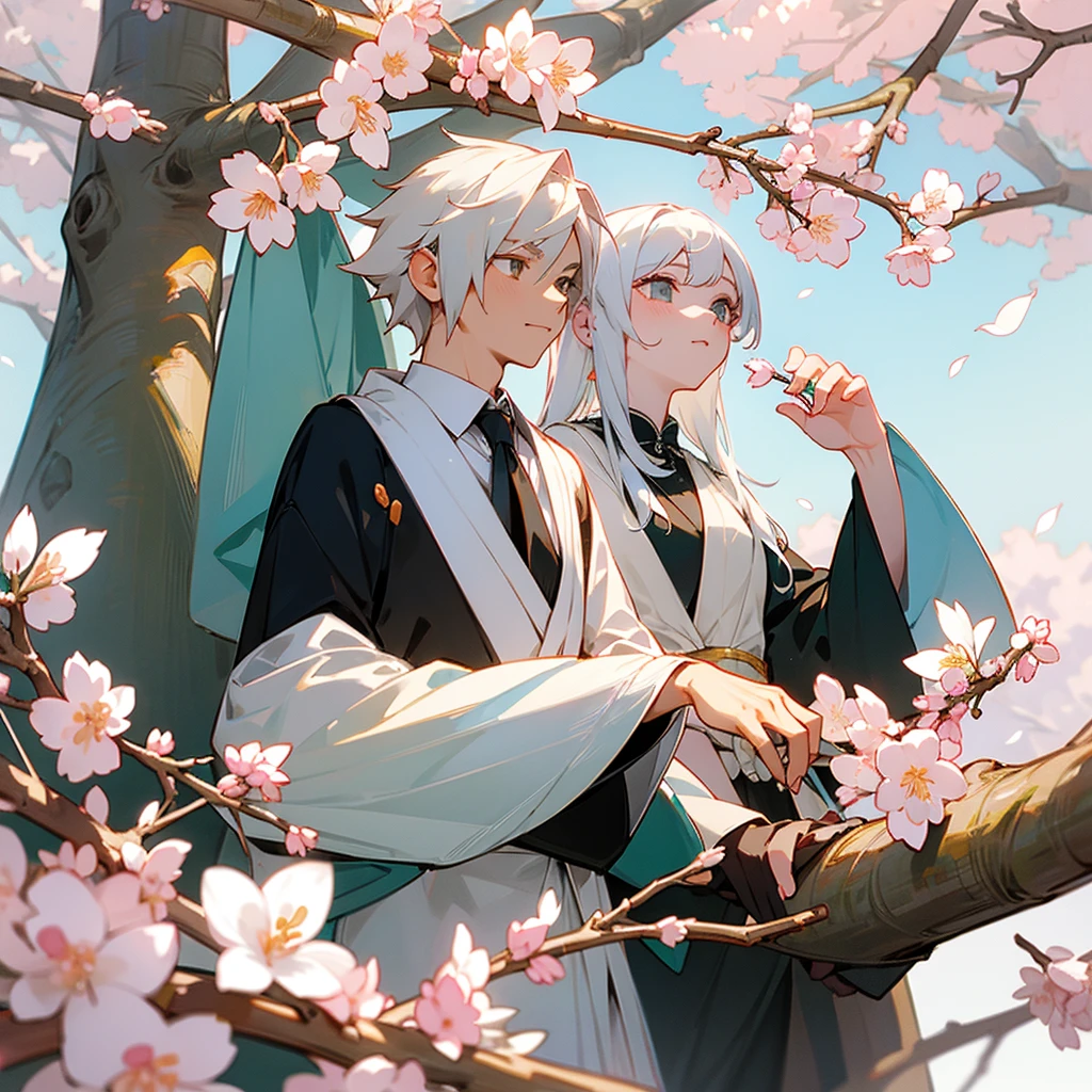 A white haired boy with a cute girl under a charry blossom tree