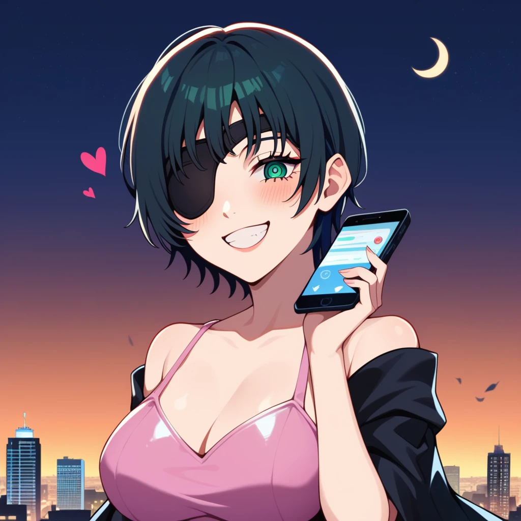 mature female, mature, Adult, himeno, himeno(Chainsaw Man), 1girl, black hair, short hair, eyepatch, solo, hypnosis, brainwashed, blush,  phone, heart, eye symbol, rating_questionable, seductive smile, grin, nsfw, Villains, chest, View your audience, Night town, City, skyscraper, Night, Dark, latex pink leotard under the black cape, masterpiece, Top animation quality，Top image quality,
