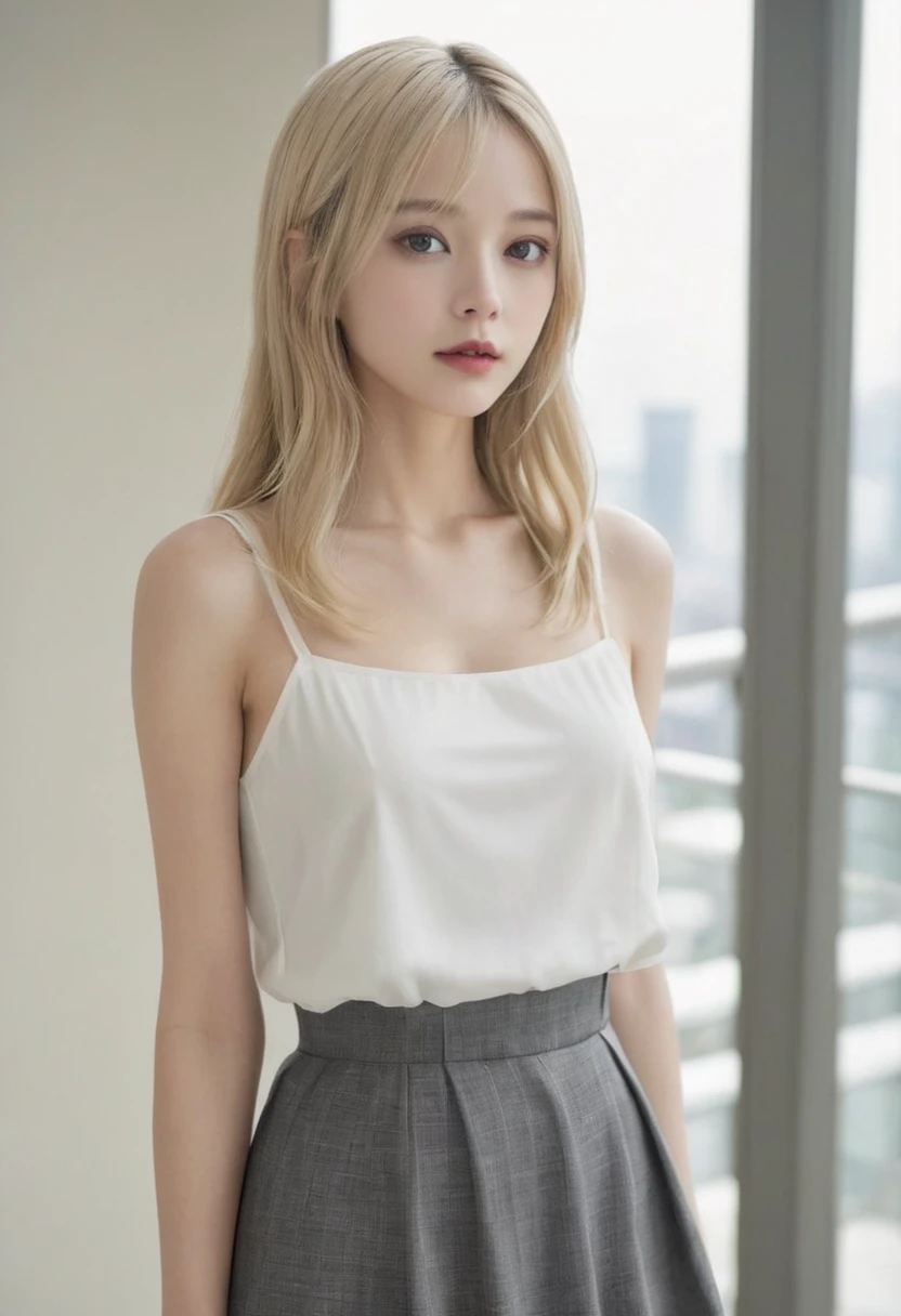 （（（European Caucasian Woman）））、（（（Mary, 18 years old）））、one person、（Thin contours、grey Eye）、（Thin contours）、（Big Breasts:1.5）、Narrow waist、（（（White and translucent skin:1.3）））、Beautiful, shiny blonde medium-long hair、8-head-tall model style、Waist-down angle、Tokyo city、Full body focus