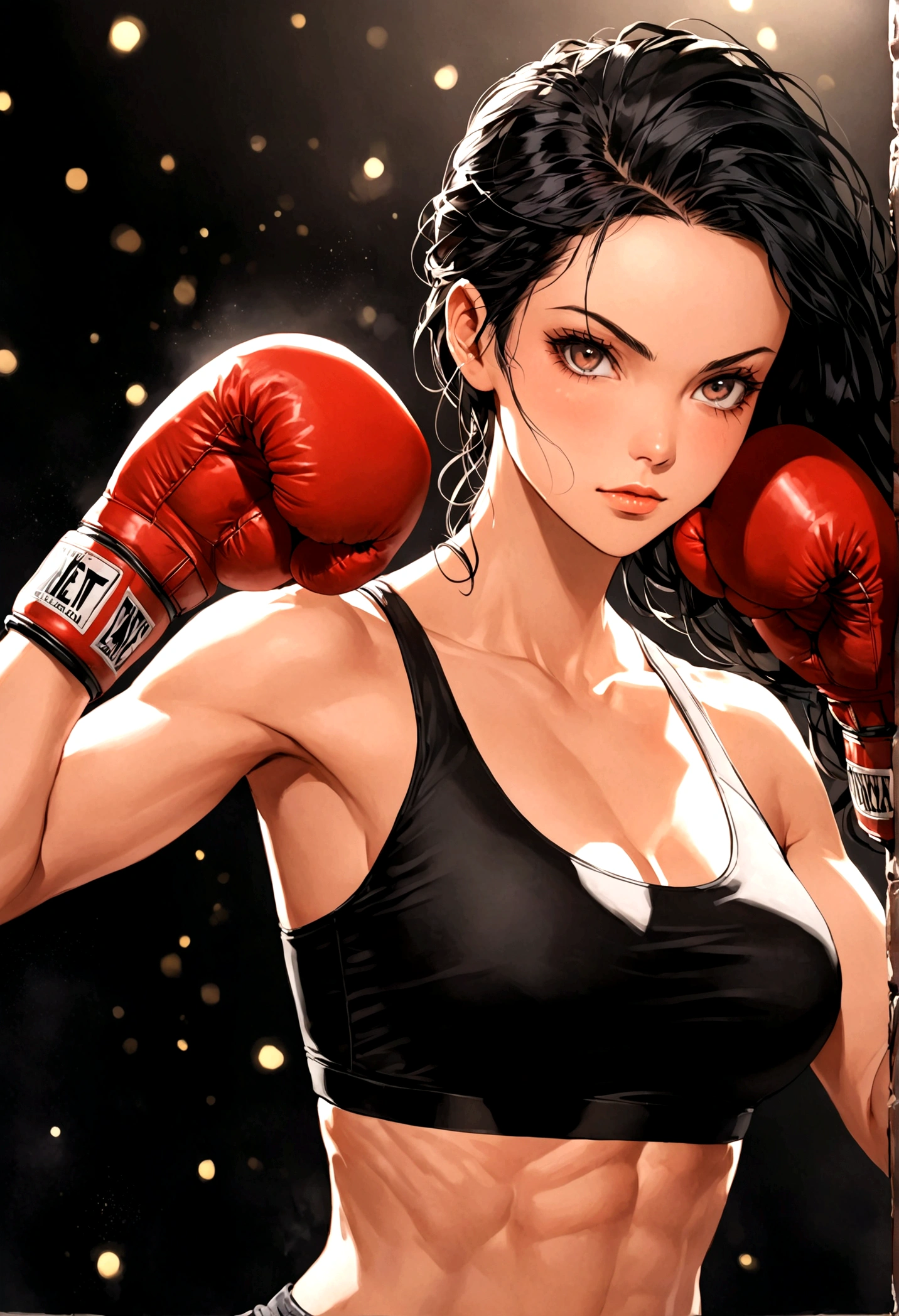 Woman boxer, long black hair, handsome face, boxing gloves, sports bra, toned, boxing stance, long black pants, looking at viewer
