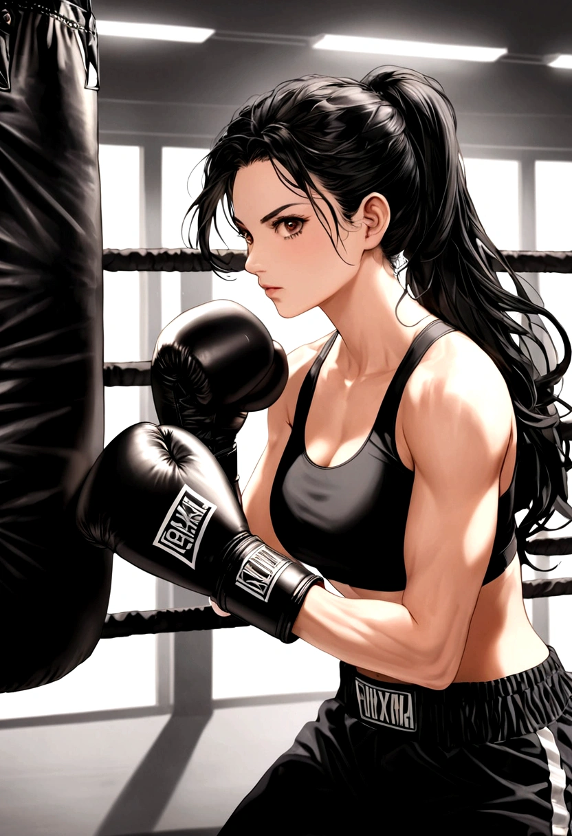 Woman boxer, long black hair, handsome face, boxing gloves, sports bra, toned, boxing stance, long black pants, looking at viewer
