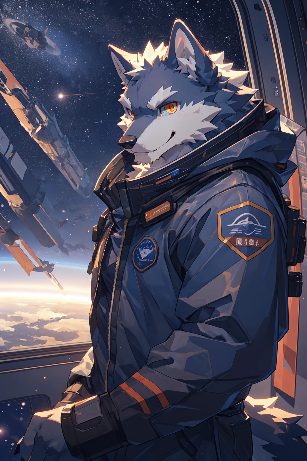 Best quality, Professional, Vivid Colors, Cinematic light, wolf, Muscular male, kemono, by zixiong, Solo, grey Fur, white body, golden eyes, pectorals, (detailed face, detailed eyes:1.5), looking at viewer, workwear style brown spacesuit, space observation deck background, smirking, seductive smile, full body,