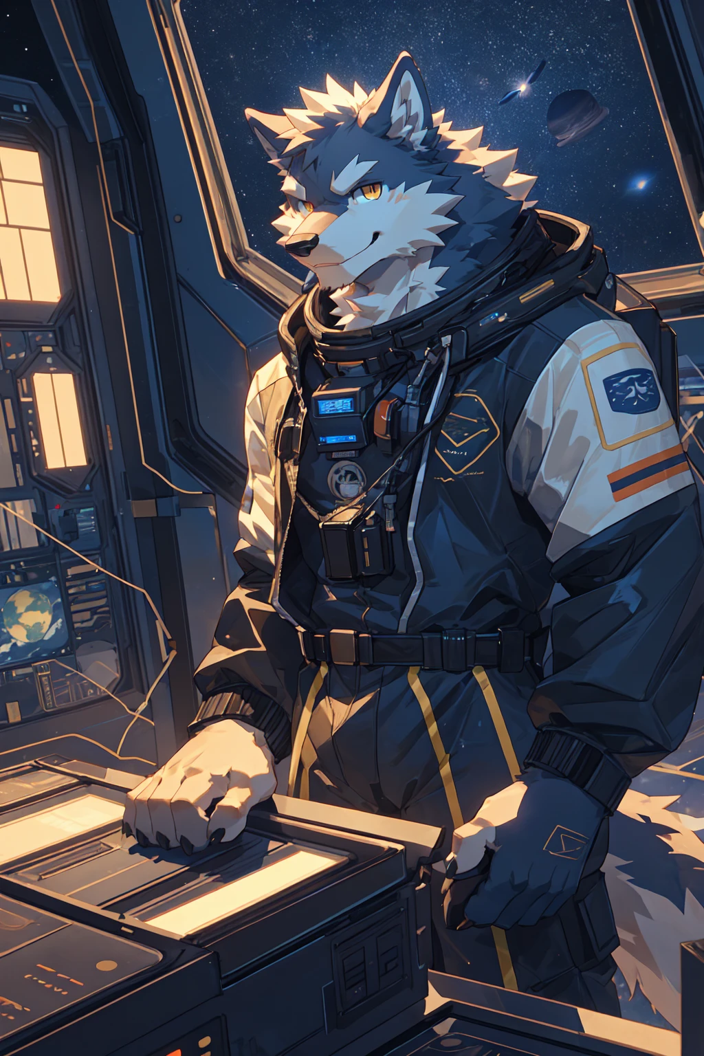 Best quality, Professional, Vivid Colors, Cinematic light, wolf, Muscular male, kemono, by zixiong, Solo, grey Fur, white body, golden eyes, pectorals, (detailed face, detailed eyes:1.5), looking at viewer, workwear style brown spacesuit, space observation deck background, smirking, seductive smile, full body,
