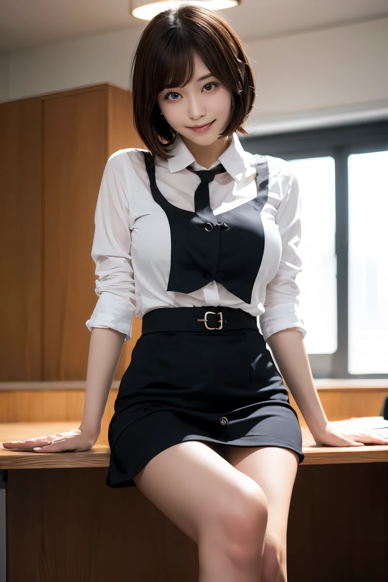 A young Japanese idol sitting on a desk in an office at night, wearing a white shirt with most buttons undone and a tight skirt. She crosses her legs seductively, with a glimpse of her underwear showing, and gives the camera a highly seductive smile. The background features a desk lamp and stacks of papers. Highly detailed, realistic, seductive, office setting, warm lighting.
