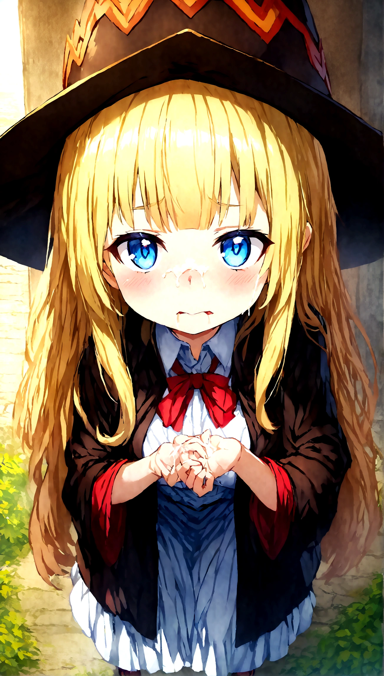 Anime. Kono Subarashii Sekai ni Shukufuku wo. Megumin. 1 girl. Cutie. Enchantress. Mag. Blonde. Long hair. Hair ornament. Blue eyes. Beautiful eyes. Perfect eyes. Expressive eyes. Ideal face. Face about to sneeze
Sneezing face. Beautiful nose. Snotty nose. After sneezing, long snot hangs from the nose. 16 years. Big breasts. Beautiful breasts. She is ill. She has a cold. She has allergies. She has a runny nose. Nasal mucus. She has snot. She wants to sneeze. She needs to sneeze. She has a strong, desperate urge to sneeze. She sneezes. She sneezes. Splashes of snot fly to the sides. Snot flows from the nose. She has urinary incontinence. She wants to pee. She needs to pee.
She has a strong, desperate urge to pee. Iskkay. Fantasy. City. Street. Many people. Ideal anatomical body. Hand on crotch. Squeezes the perineum tightly. Rubs the crotch. The knees are all different, the feet are different. The girl can't stand straight. Pointed, wide-brimmed magic hat. Magic staff. Casts mortification. White linen blouse. Skirt. Shoes. Cloak. Full height. Beautiful character design. Shiny skin. Whole body. NFS. Official art. Extremely detailed CG Unity 8k wallpaper. Ideal lighting. Ultra high resolution 4K. Super detailed 8K. A high resolution.