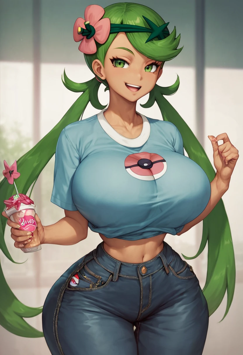 1girl, solo, masterpiece, best quality, detailed, narrow waist, wide hips, huge breasts, huge ass, score_9, score_8_up, score_7_up, smug, pokemon, mallow (pokemon),