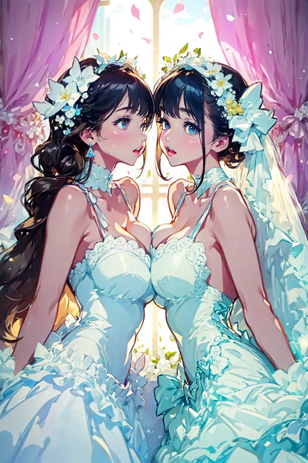 2girl,cute,twins,gemini,like a eachother,big breast,cleavage,wedding dress