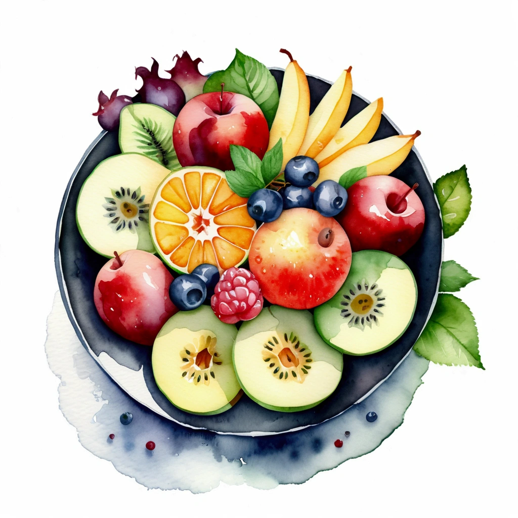a very clean image painting of a black bowl of many delicious creamy fruits salad ((watercolor)), solid white background, center composition, negative space around the object, washed out color, detailed masterpiece, loose drawing, clipart, vector art, illustration