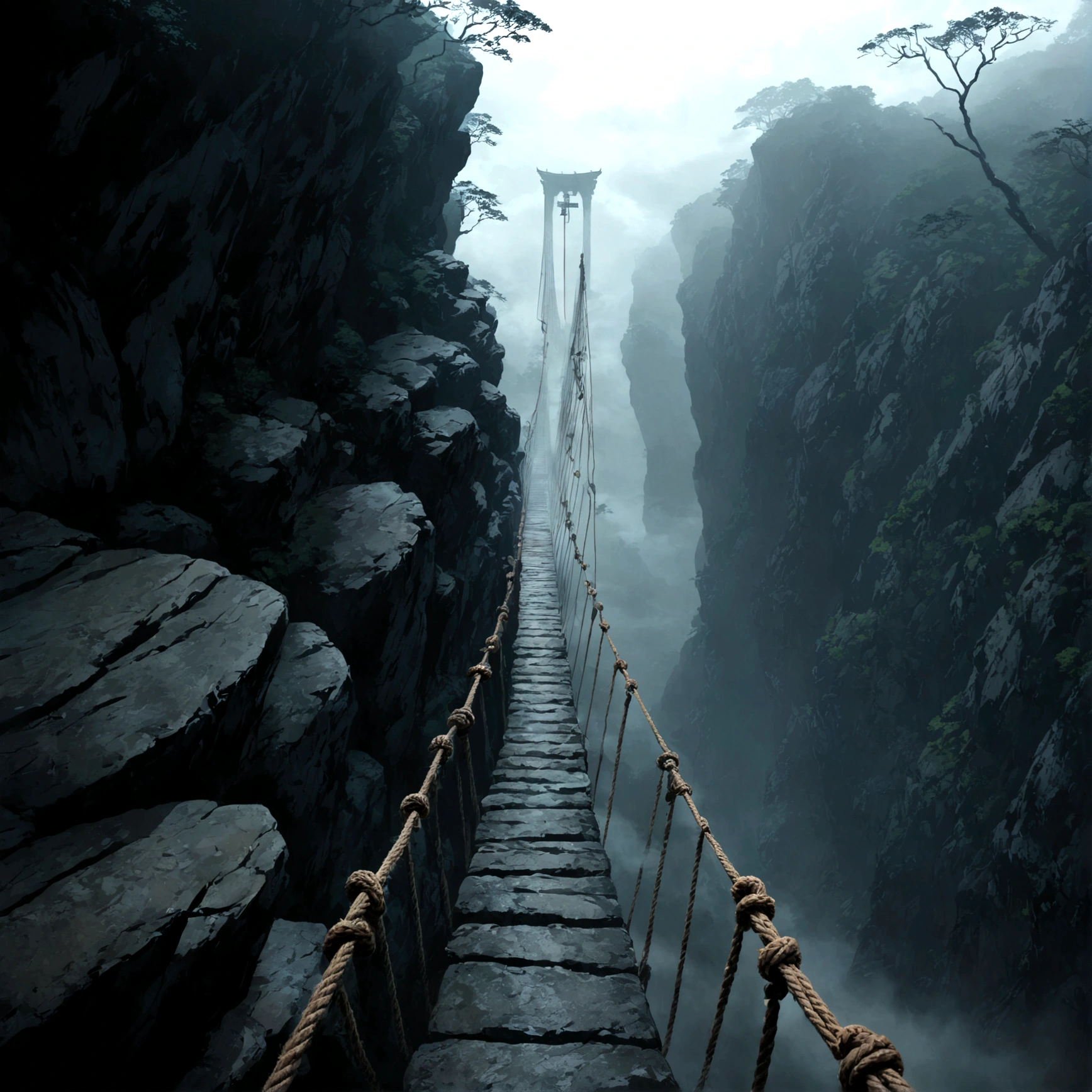Beautiful game world,Fantasy,Furai no Shiren,Naraku Gorge,Dungeons,First Person View,dim,fog,Wet rock surface,Cold air,Strong winds,Roar,anxiety,fear,Overlooking cliff,足元のanxiety定な足場,Narrow suspension bridge,Rusty rope,Creaking Sound,darkness that lasts forever,The roar of a beast can be heard from deep within