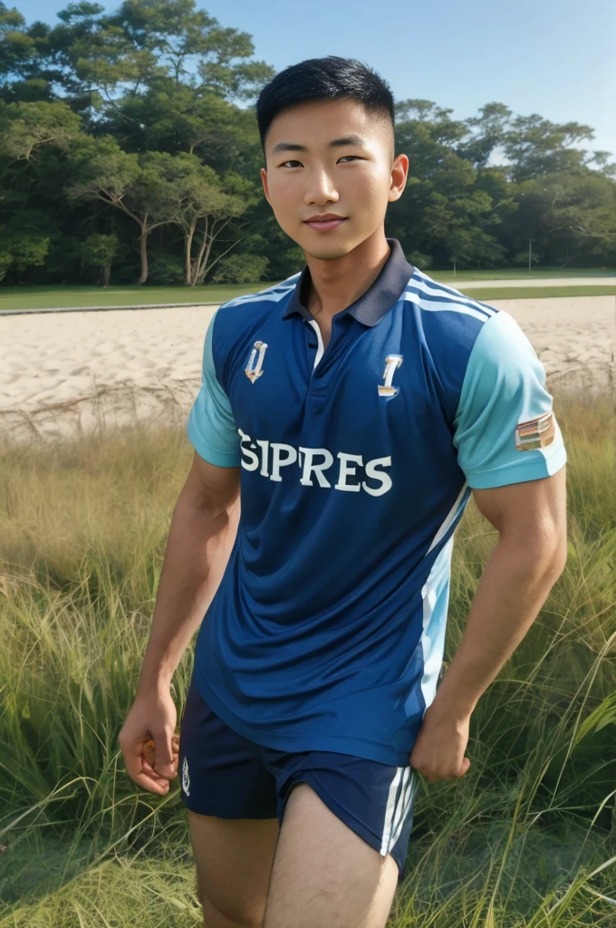 A handsome, muscular young Asian man looks at the camera. in a blue sports shirt , Fieldside, grass, beach, sunlight