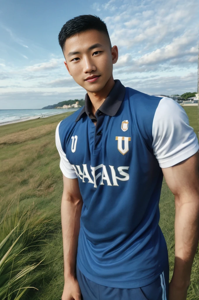 A handsome, muscular young Asian man looks at the camera. in a blue sports shirt , Fieldside, grass, beach, sunlight