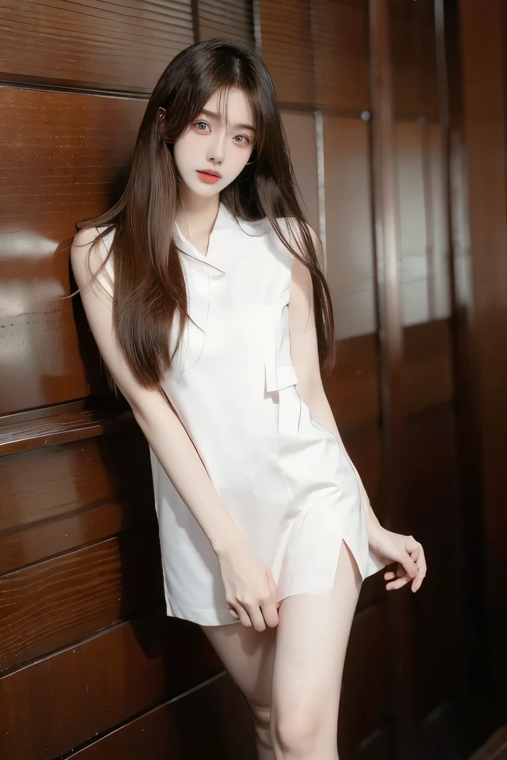 Beautiful woman with perfect body:1.4,Layered Hairstyle,Highly detailed face and skin textures,Double eyelids,Skin Whitening,Long hair,Whitened long legs,full-body shot