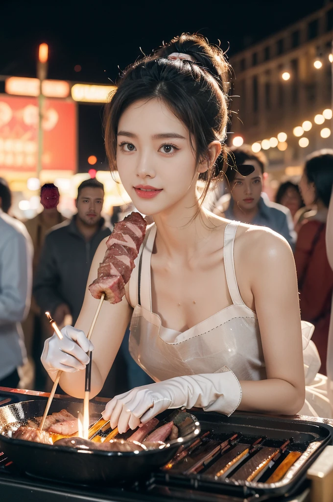 (((best quality))),(((ultra detailed))),(((masterpiece))),illustration,((1 beautiful girl,solo)),((slim,thin)),((small breasts,flat chest)),summer night,metropolis,((barbecue joint)),humble,vibrant energy,city that never sleeps,(short ponytail:1.2),(((female orgasmic,blush))),(sweat:1.3),(shiny skin:1.5),(sheer apron:1.3),((bare shoulders,bare arms)),(gloves:1.3),(slender legs:1.2),lightweight,practicality,((sizzling hot grill)),smooth,tanned skin,soft glow,skillfully,((skewers,meat)),intense concentration,bright eyes,alert,passion for work,atmosphere,vibrant,dynamic,laughter,conversation,sizzle,crackle,aromatic scent,tinged,radiant smile,genuine enjoyment,easy manner,warm presence,community,dedication,beauty in simplicity,midst of bustling city streets,outdoor,midnight,((from front,upper body)),(surrounded by crowded crowds:1.3)