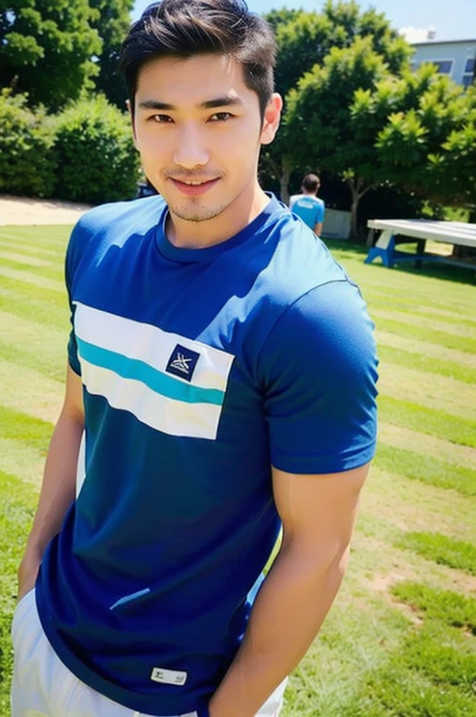 A handsome, muscular young Asian man looks at the camera. in a blue sports shirt , Fieldside, grass, beach, sunlight