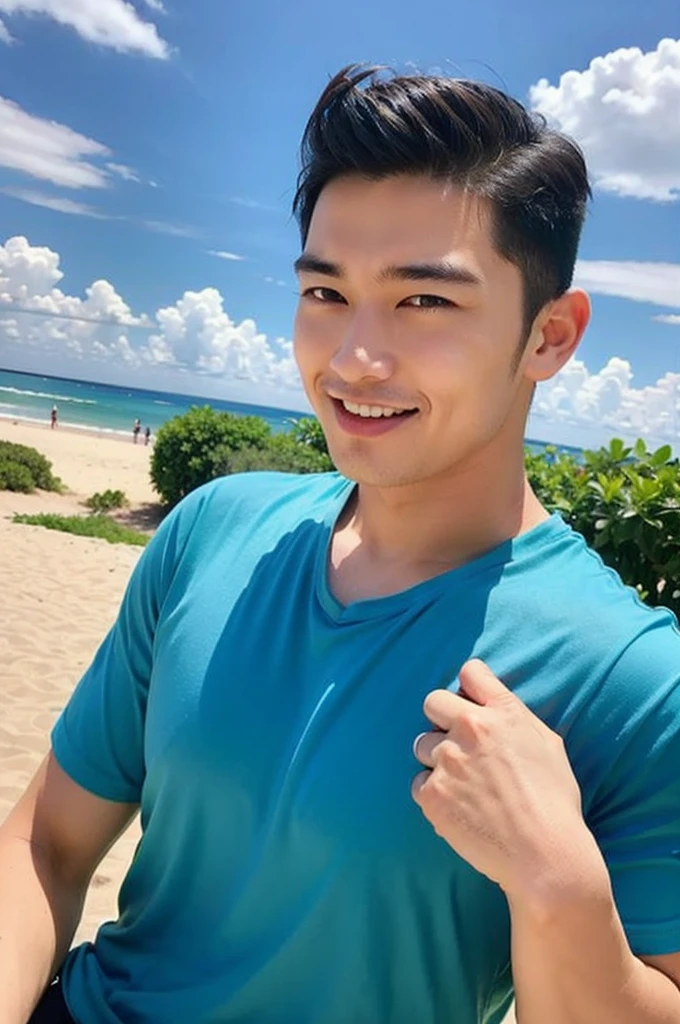 A handsome, muscular young Asian man looks at the camera. in a blue sports shirt , Fieldside, grass, beach, sunlight