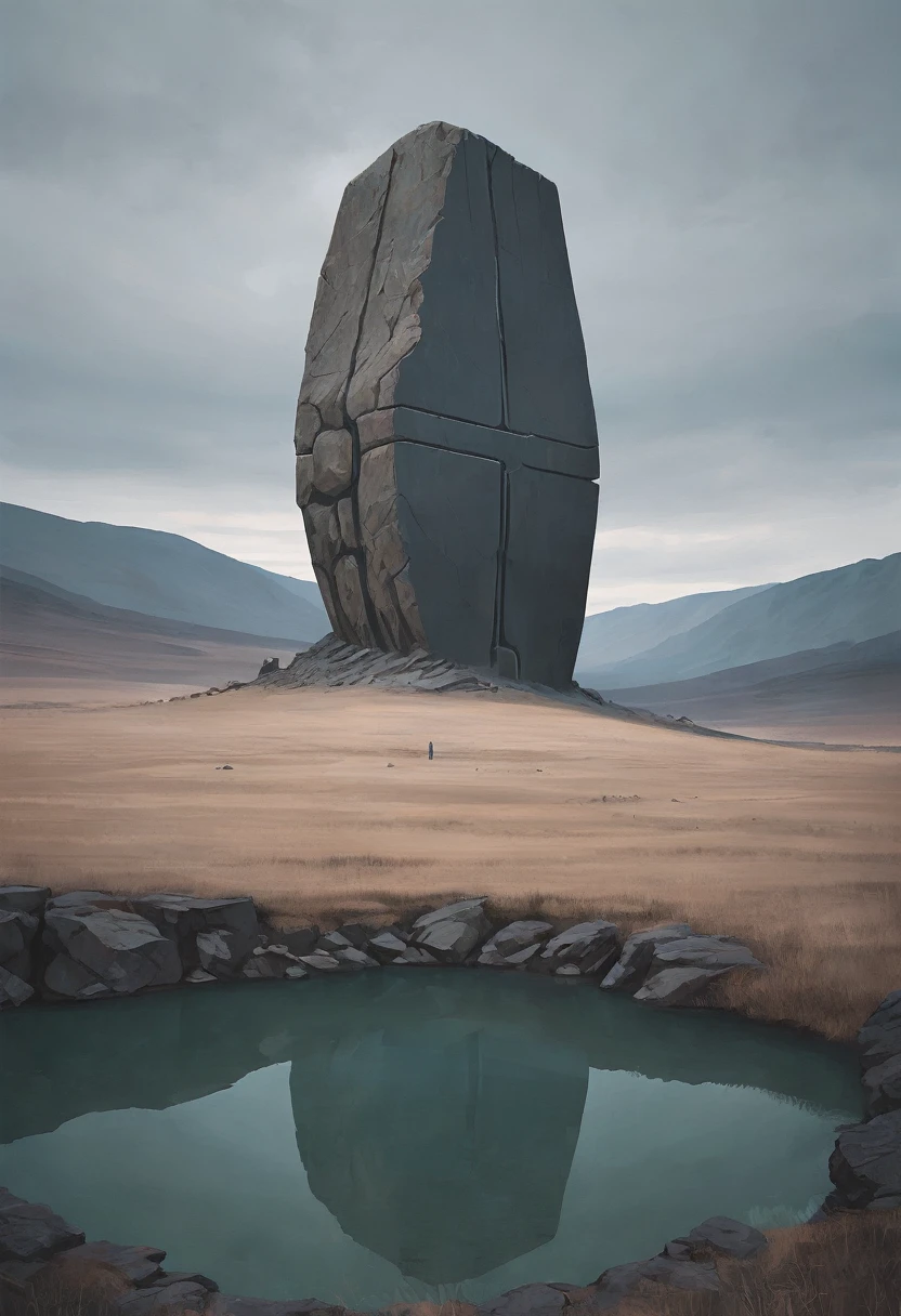 A huge vertical sacred stone in a minimalist surreal landscape,A few pilgrims below