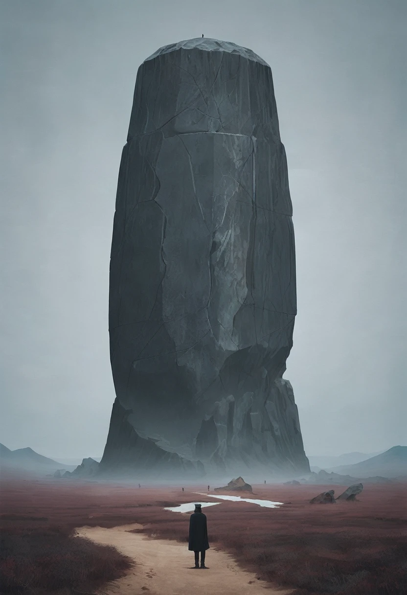 A huge vertical sacred stone in a minimalist surreal landscape，A few pilgrims below
