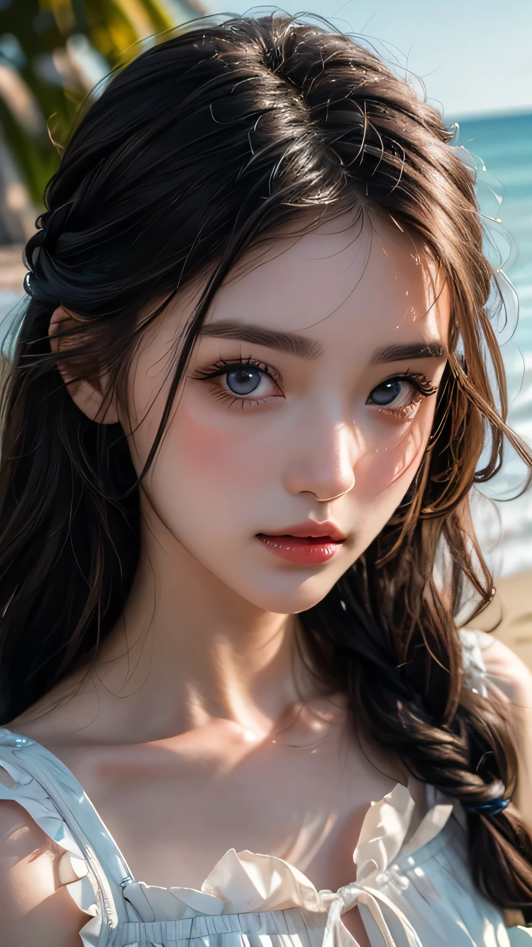 best quality, ultra hi res, photoreaslistic, a photography of a beautiful woman, 30yo teen age, detailed face, black Messy fishtail braid, (detailed porcelain doll,delicate clothes with a lot of frills and ribbons), Beach, (face close up), seductive look, looking at viewer