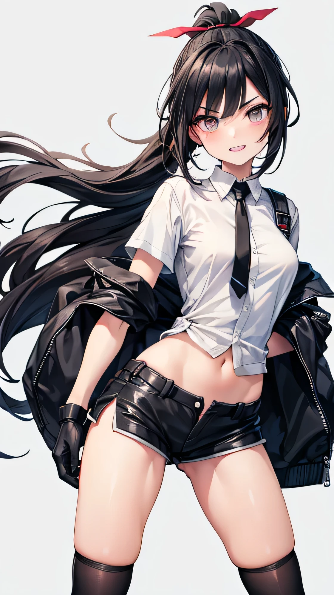 Adult features ponytail Slit eyes laugh at Glare frivolous attitude White shirt Black hot pants Black long gloves Black knee socks Standing with your legs apart grassland