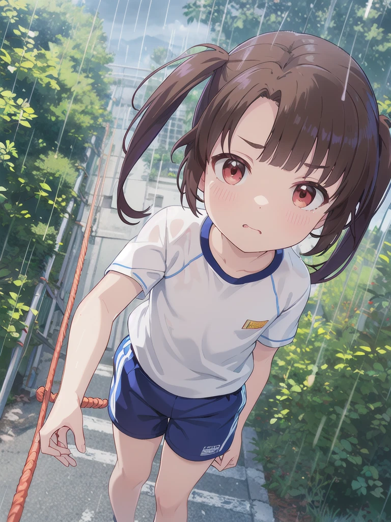 Outdoor,night,rain,Climbing into the sky,Rope climbing,Has a brown rope,White gym clothes,Red eyes,Long twin tails,Brown Hair,Eyebrows visible through hair,Flat Chest,Looking Up,A view from above,face focus,