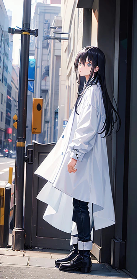 ((Black Hair、Iris、Long Hair、Androgynous appearance、Slightly small build)、((Wearing a white Y-shirt、Wearing a white coat over a y-shirt)、Wearing jeans long trousers、Wearing long boots)、Background is transparent)