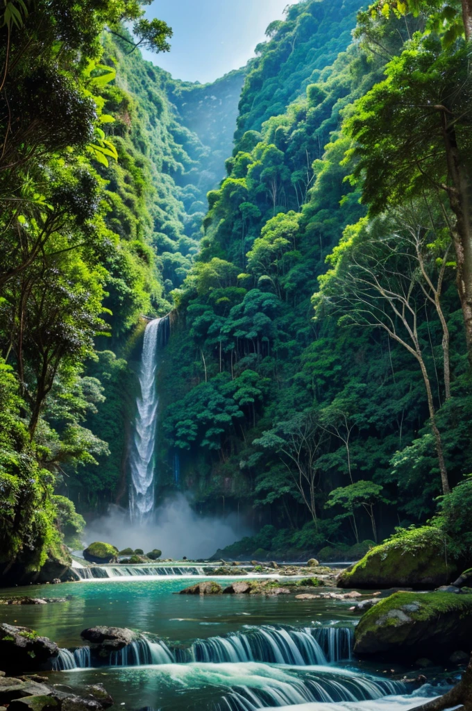 Dense Jungle and Mountains: A scene depicting dense jungle with towering trees and cascading waterfalls against a backdrop of tall, majestic mountains.