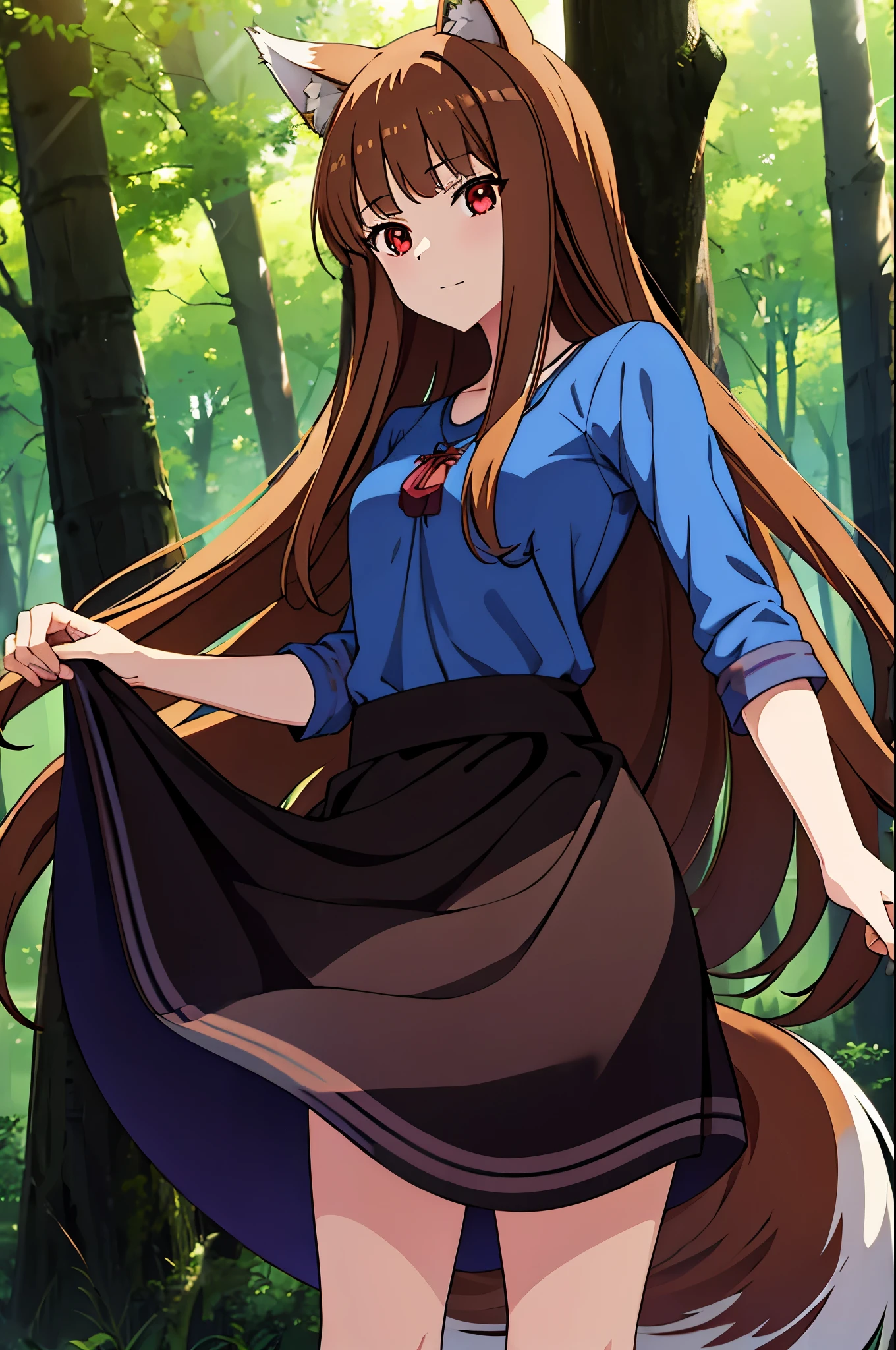 (masterpiece:1.3), (best quality:1.1), (8k, ultra detailed, ultra high res:1.2), ((anime style:)), (perfect 5 fingers:1.1), perfect anatomy, 
1girl, wolf girl, 
pastel color, colorful,
BREAK long hair, wolf ears, fuffy hair in the ears, 
brown hair, 
red eyes, BREAK blue T-shirt, brown skirt, long skirt, 
small breasts,   
BREAK looking at viewer, 
cowboy shot, 
standing, 
perfect light, 
outdoor, outside, forest, sky, 