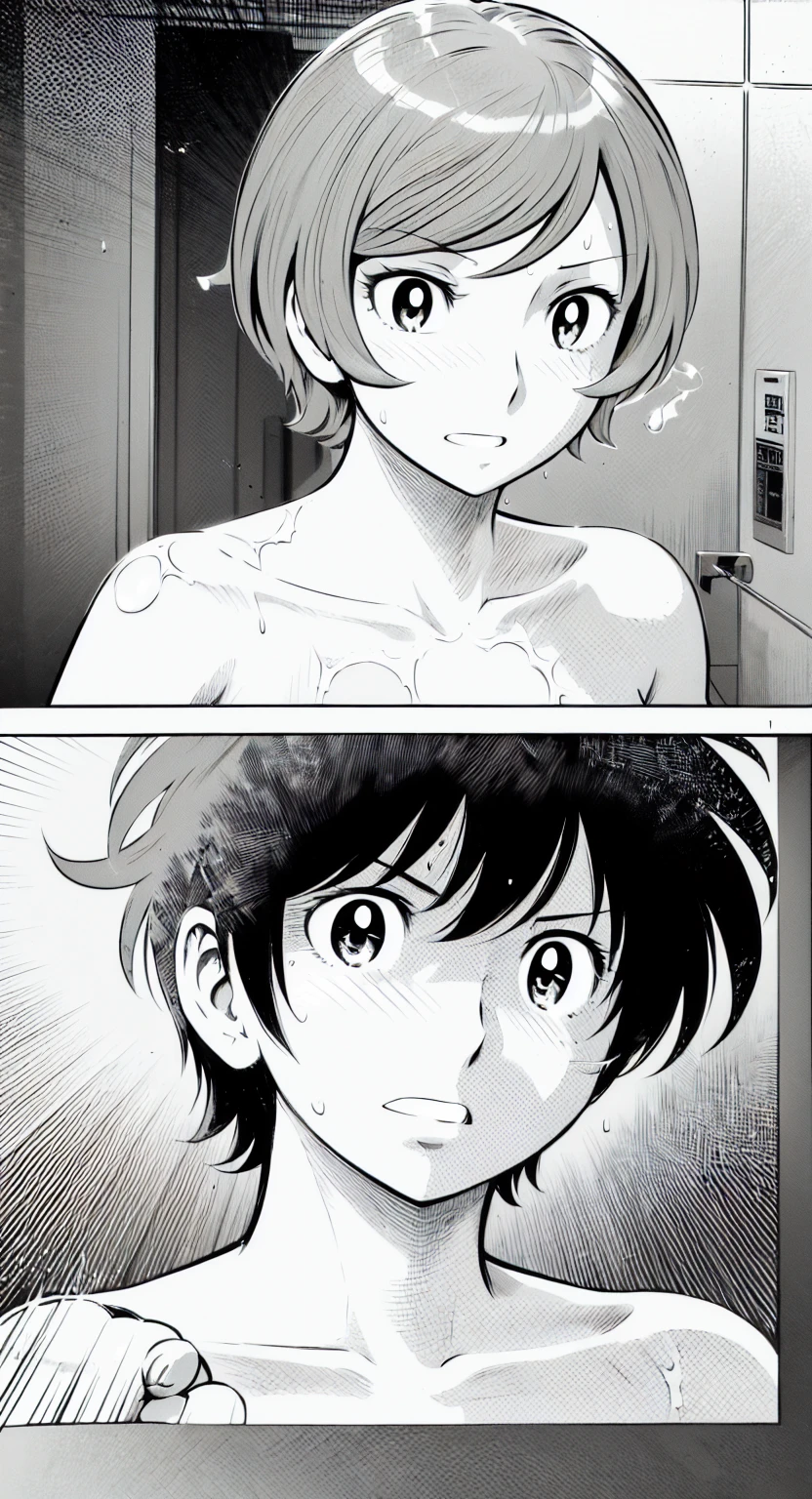 、(masterpiece、Highest quality)、Highest quality, Ultra-high resolution, (((masterpiece))), alone, Sweat、Big eyes, Composition from the front、Shortcuts、Embarrassed face、Blonde Hair、Short back hair、Monochrome、Pencil drawing、comics、Bathroom、Shower scene、 exposed、Completely naked、pubic hair、belly button、Large areola、Nipples、short hair
