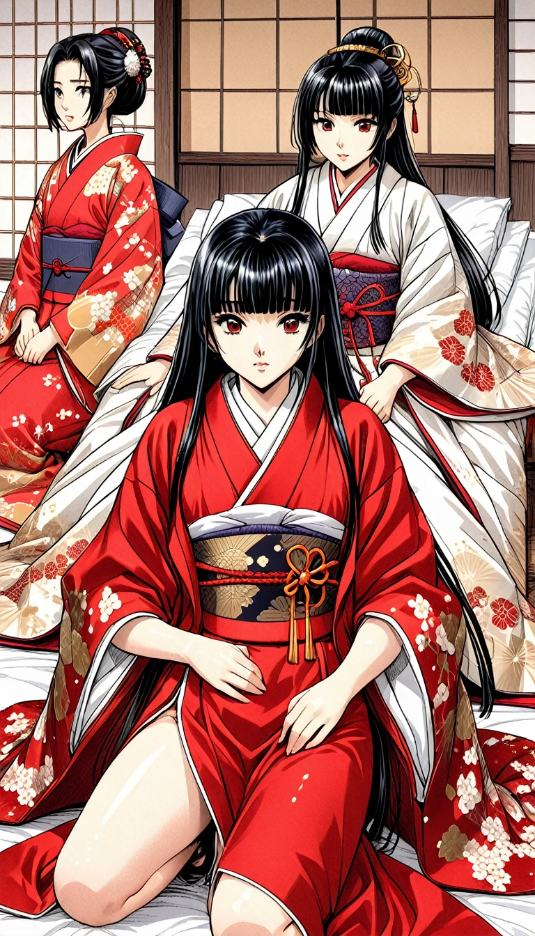 ((Highest quality)), ((masterpiece)), (detailed), （Perfect Face）、（The woman is a 12-year-old princess from the Sengoku period in Japan., Long black hair and a beautiful face　Located in a luxurious samurai residence.、The woman is wearing a Japanese white kimono with a richly embroidered red shiny robe over it.　The red robe worn by Japanese princesses　Her hair is styled in a straight hime cut.　It is decorated with gorgeous ornaments from the Edo period.,   She was lying on her back on the futon and defecates a thick turd、Being forced to defecate