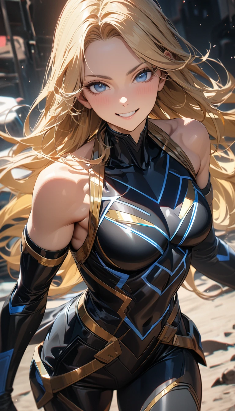 adult woman, long blonde hair, blue eyes, black superhero form, sleeveless, open legs, Miss Marvel, smile, little muscles, Masterpiece, best quality, Full HD, 8k, ultra details, great graphic