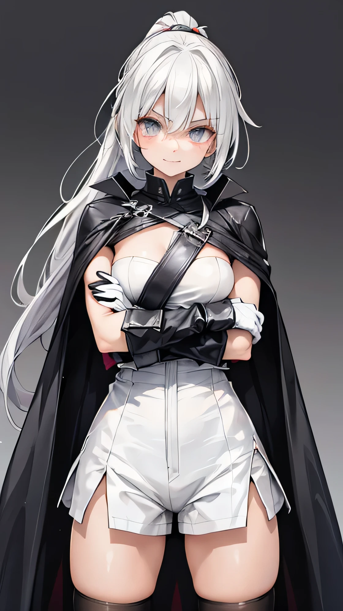 features ponytail Slit eyes laugh at Glare frivolous attitude White shirt Cape Black hot pants Black long gloves Black knee socks Cross your arms grassland