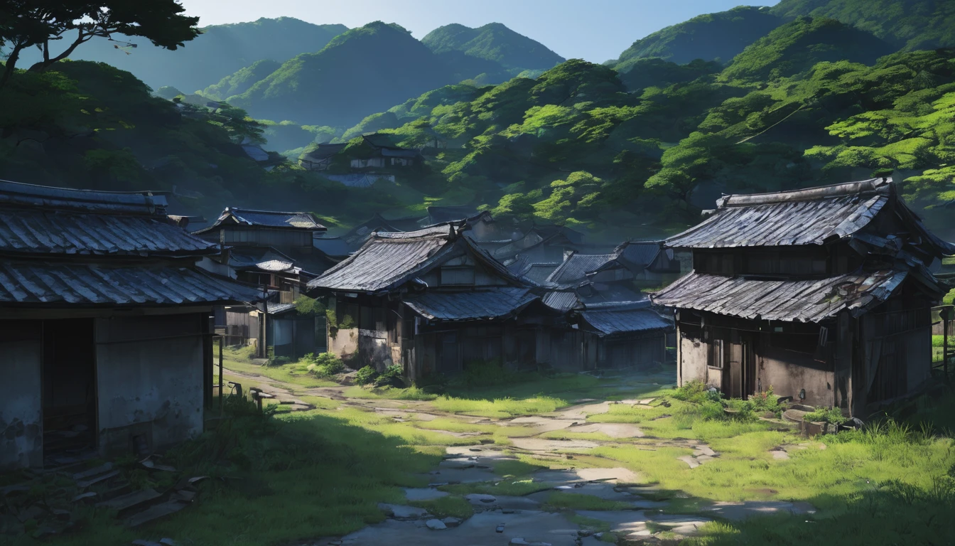 An abandoned village with the name Sugisawa Village written on it、Photorealistic、ruins、night、Tattered buildings