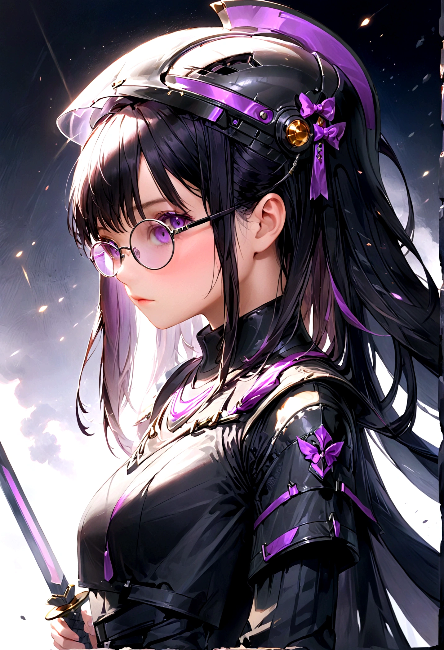 paladin girl, His long black hair sticks out from behind his helmet and the character's helmet has a rounded, conical shape., completely covering the head. On the front, The helmet features a visor with multiple horizontal slots that allow vision. Inside these slots, there are purple glasses protruding out of the helmet, adding a distinctive touch. These glasses do not allow your eyes to be seen, providing an enigmatic and mysterious look. At the top of the helmet, there is a purple bow that extends upwards, adding a striking and elegant touch. The helmet integrates perfectly with the rest of the armor, maintaining design consistency in terms of color and style.She is holding a sword with the tip of the blade against the ground and the handle facing up., showing an imposing and prepared posture.