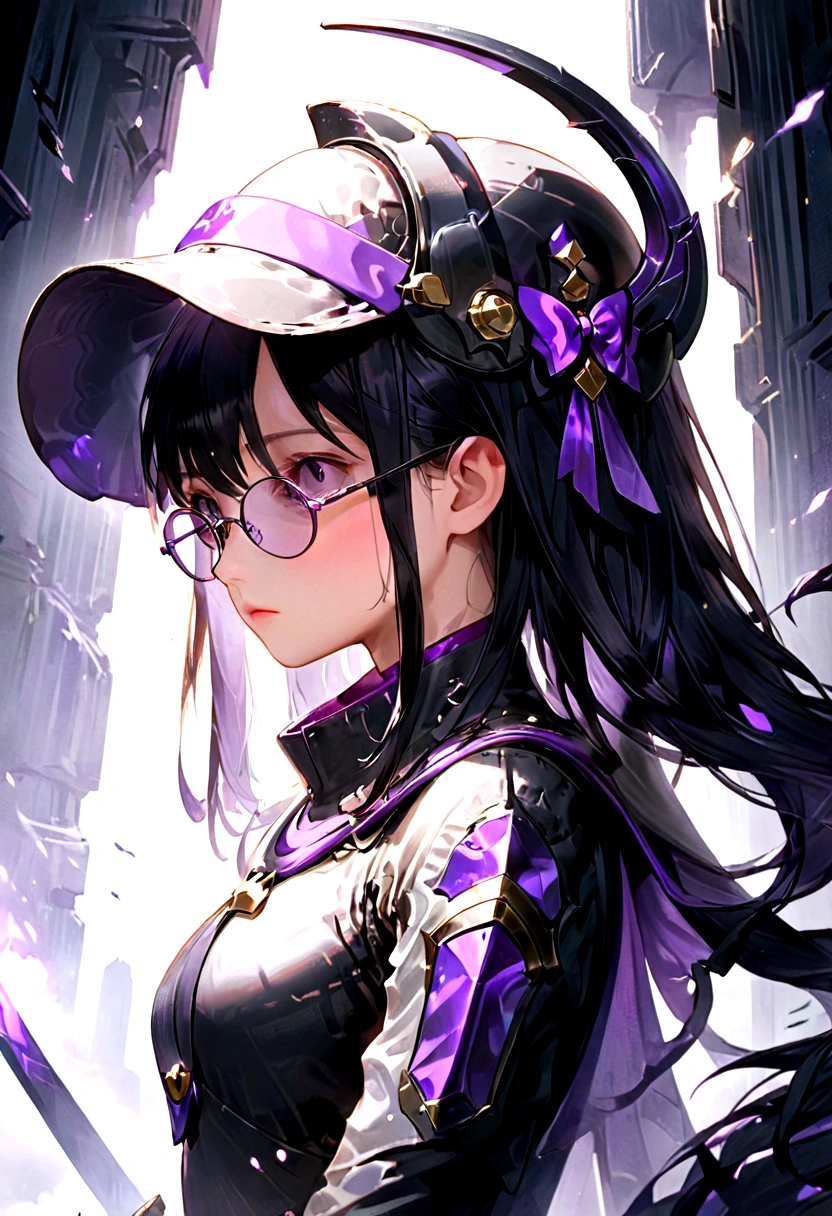 paladin girl, His long black hair sticks out from behind his helmet and the character's helmet has a rounded, conical shape., completely covering the head. On the front, The helmet features a visor with multiple horizontal slots that allow vision. Inside these slots, there are purple glasses protruding out of the helmet, adding a distinctive touch. These glasses do not allow your eyes to be seen, providing an enigmatic and mysterious look. At the top of the helmet, there is a purple bow that extends upwards, adding a striking and elegant touch. The helmet integrates perfectly with the rest of the armor, maintaining design consistency in terms of color and style.She is holding a sword with the tip of the blade against the ground and the handle facing up., showing an imposing and prepared posture.