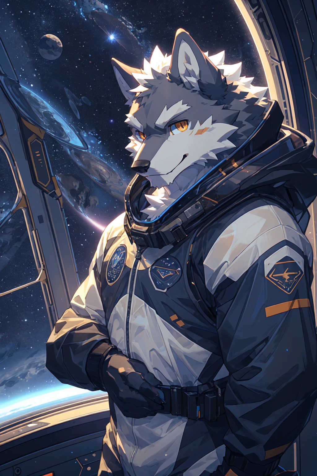 Best quality, Professional, Vivid Colors, Cinematic light, wolf, Muscular male, kemono, by zixiong, Solo, grey Fur, white body, golden eyes, pectorals, (detailed face, detailed eyes:1.5), looking at viewer, smart casual spacesuit, space observation deck background, smirking, seductive smile, full body,