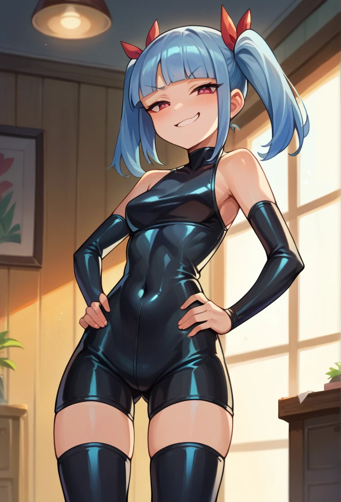 score_9, score_8_up, score_7_up, perfect face, perfect eyes, 1 girl, medium breast, blunt bangs, twintail hairstyle, smug face, hands on hips, latex clothes, latex shorts, thigh highs, exposed shoulders, in a room